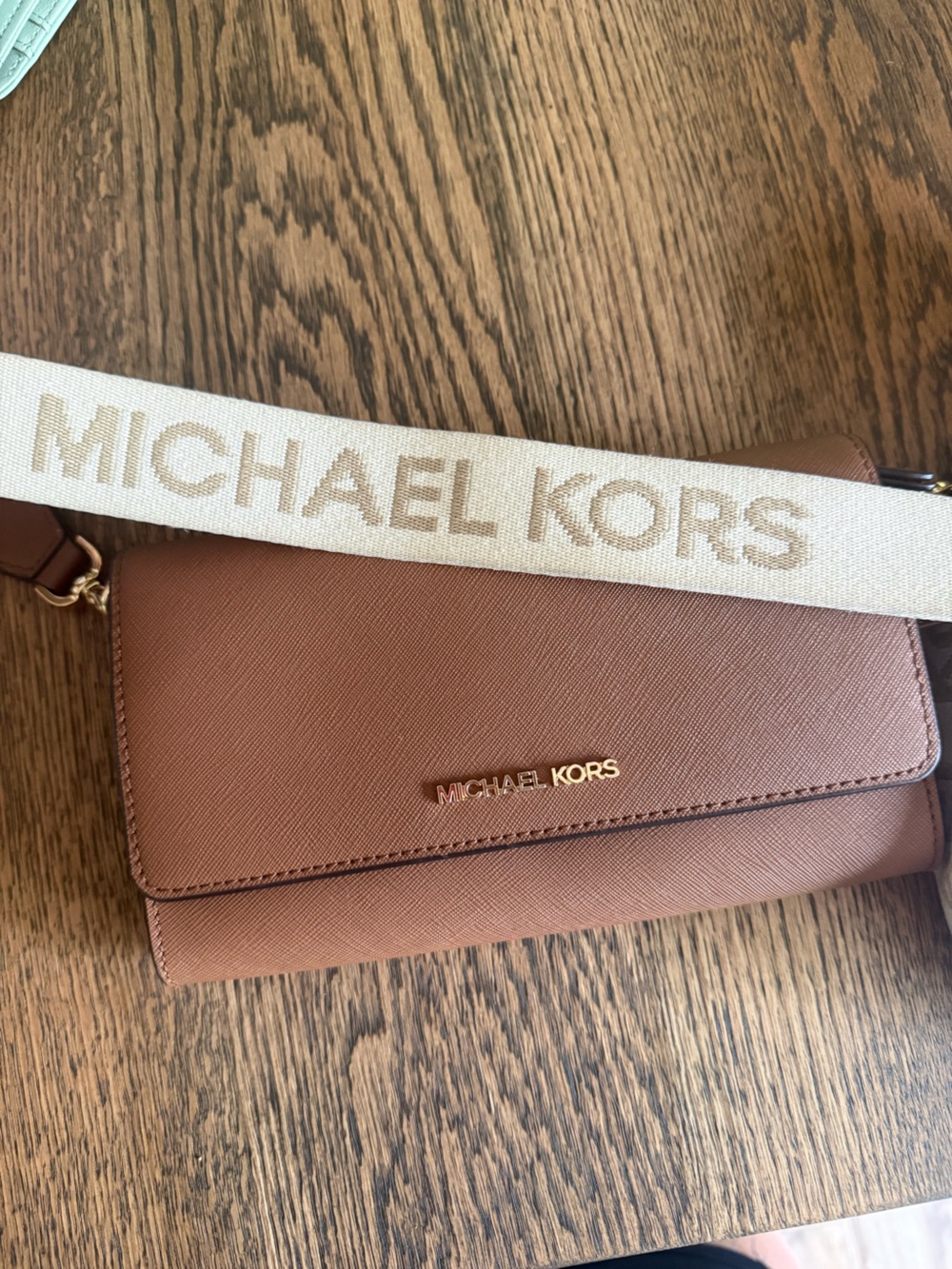 Michael Kors Tan/Brown Saffiano Crossbody Wallet with Branded Strap